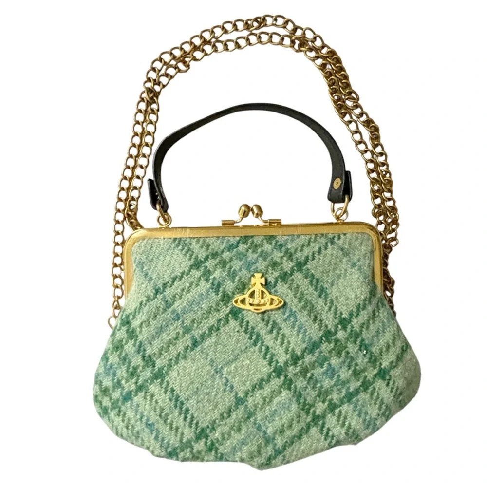 Vivienne Westwood Framed Elena Green Tartan Wool Plaid Bag RARE